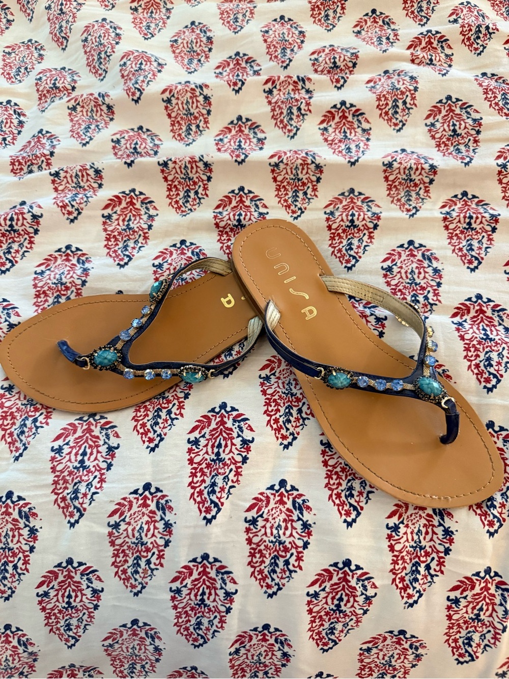 Unisa Navy and Turquoise Jeweled Thong Sandals